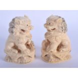 A PAIR OF EARLY 20TH CENTURY CHINESE CARVED IVORY BUDDHISTIC LIONS modelled upon square form bases.