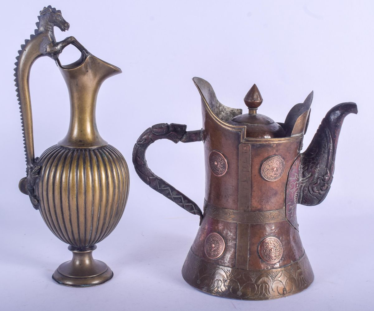 A 19TH CENTURY INDIAN GRAND TOUR TYPE BRONZE JUG together with a Tibetan Monks Cap style mixed metal - Image 2 of 3