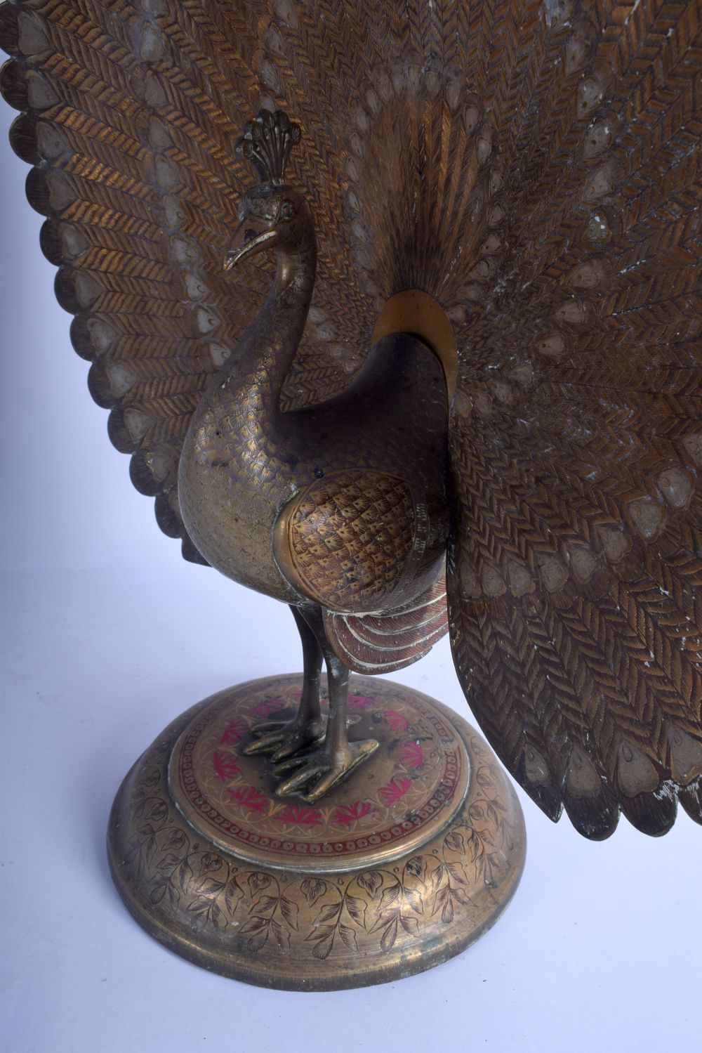 A RARE LARGE PAIR OF EARLY 20TH CENTURY INDIAN ENAMELLED BRASS PEACOCKS upon circular bases decorate - Image 5 of 11