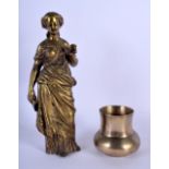 A 19TH CENTURY EUROPEAN BRONZE FIGURE OF A STANDING FEMALE together with a bronze censer. Largest 24