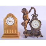 AN ASPREYS & CO OF LONDON BRONZE CLOCK and a spelter figural clock. Largest 18 cm high. (2)