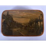 A LARGE MID 19TH CENTURY CARVED AND LACQUERED TIN SNUFF BOX printed with landscapes. 12 cm x 8 cm.