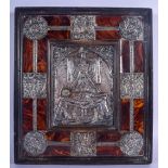 AN EXTREMELY RARE 18TH CENTURY CARVED TORTOISESHELL SILVER MOUNTED ICON depicting a central panel of