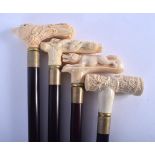 FOUR CONTINENTAL CARVED BONE WALKING CANES with ebonised shafts. Largest 95 cm long. (4)