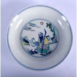 A CHINESE BLUE AND WHITE PORCELAIN DOUCAI DISH 20th Century. 15 cm diameter.