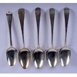 FIVE 18TH/19TH CENTURY SILVER SPOONS. Assorted dates. 293 grams. 20 cm long. (5)