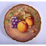Royal Worcester gadroon bordered side plate painted with fruit by English, signed, black mark. 15cm