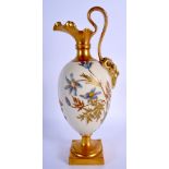 Royal Worcester tall ewer with satyr head painted with flowers on an ivory ground, date mark 1892, s