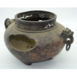 A large Chinese twin beast head handled bronze Censer 18 x 33cm.