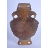 A 19TH CENTURY CHINESE TWIN HANDLED AGATE VASE Late Qing, decorated with foliage. 13 cm x 8 cm.