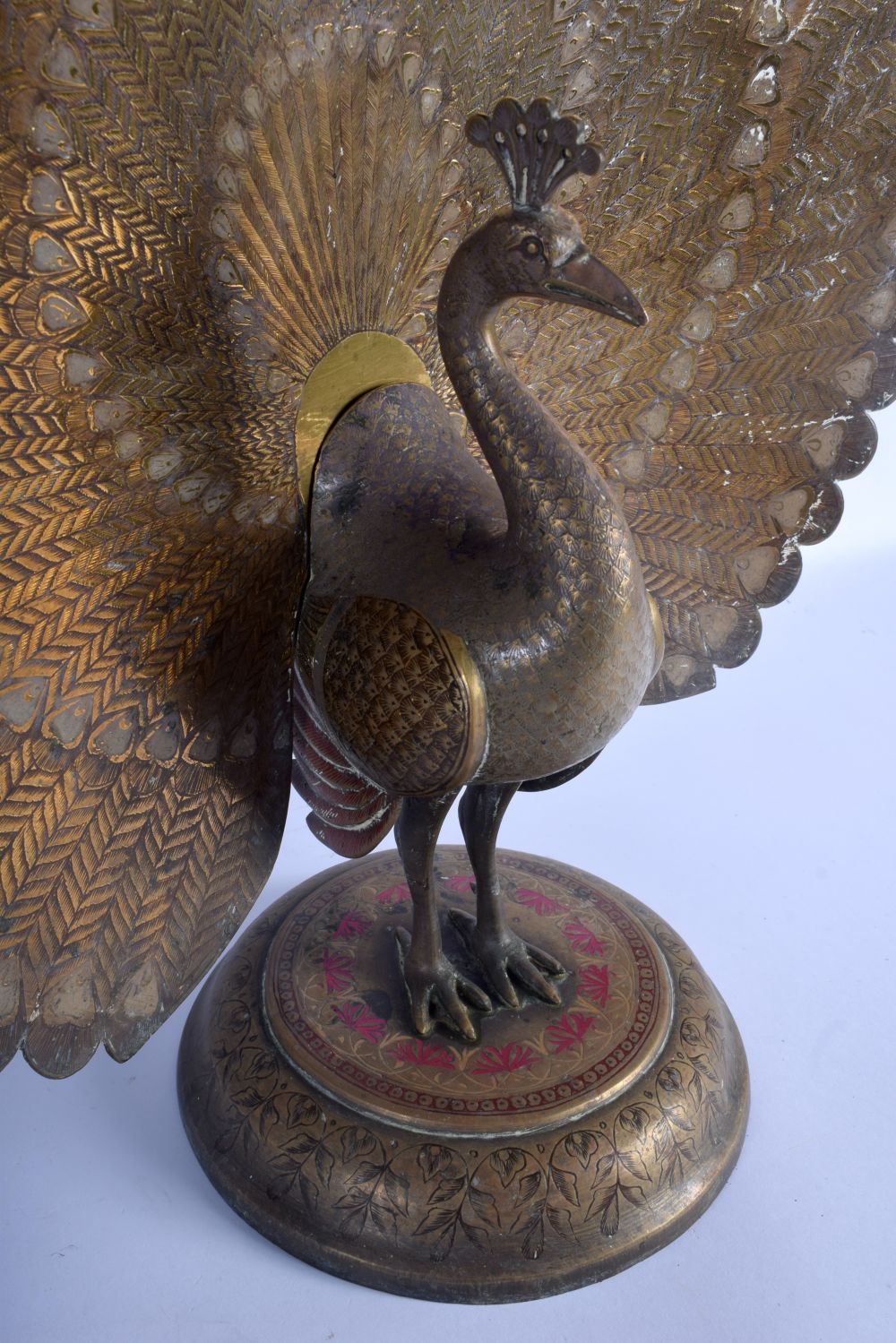 A RARE LARGE PAIR OF EARLY 20TH CENTURY INDIAN ENAMELLED BRASS PEACOCKS upon circular bases decorate - Image 4 of 11