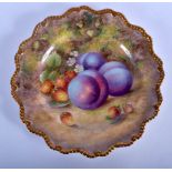 Royal Worcester plate with gadroon border painted with plums and strawberries by H. Ayrton, signed,