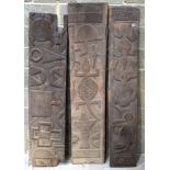 THREE AFRICAN TRIBAL YORUBA CARVED WOOD RELIEF PANELS . Largest 174 x 38 cm. (3)