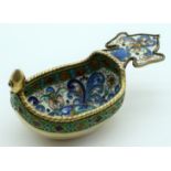 A 19TH CENTURY RUSSIAN SILVER AND ENAMEL MINIATURE KOVSCH decorated with foliage and vines. 70 grams