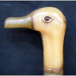 AN EXTREMELY RARE 19TH CENTURY INDIAN CARVED RHINOCEROS HORN WALKING CANE in the form of a ducks hea