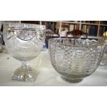 A REGENCY PEDESTAL CUT CRYSTAL GLASS PEDESTAL BOWL together with another similar large diamond cut