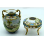 A JAPANESE TAISHO PERIOD NORITAKE PORCELAIN VASE together with a bowl & cover. Largest 14 cm x 10 cm