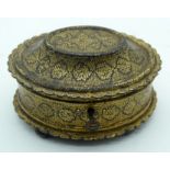 A VERY RARE 18TH/19TH CENTURY EUROPEAN GOLD INLAID IRON SCENT BOTTLE HOLDER formed as an oval casket