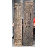 TWO AFRICAN TRIBAL YORUBA CARVED WOOD RELIEF PANELS . Largest 163 cm x 29 cm. (2)