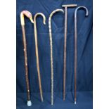 AN EARLY 20TH CENTURY JAPANESE TAISHO PERIOD BAMBOO PALM WOOD WALKING CANE together with four others