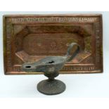 A SOUTHERN EUROPEAN BRONZE OIL LAMP possibly Antiquity, together with a silver inlaid Middle Eastern
