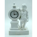 A RARE 19TH CENTURY CONTINENTAL PORCELAIN POCKET WATCH HOLDER modelled as a standing putti, the watc