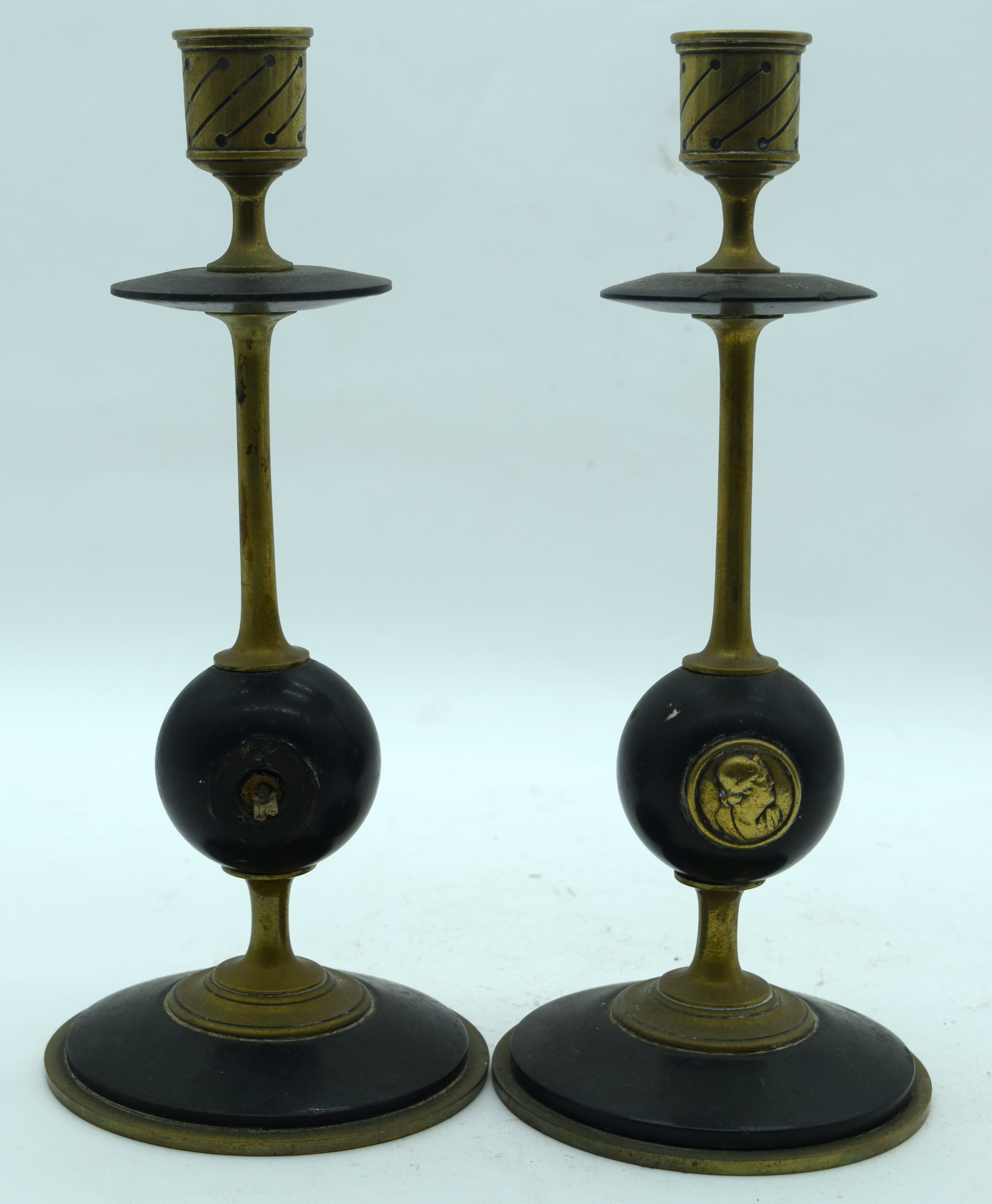 A PAIR OF 19TH CENTURY FRENCH BRASS CANDLESTICKS decorated with portraits. 27 cm high. - Image 2 of 3