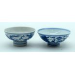 TWO 19TH CENTURY JAPANESE MEIJI PERIOD BLUE AND WHITE TEABOWLS painted with dragons and foliage. 6.5