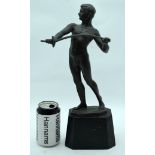 A CHARMING LARGE ART DECO BRONZE FIGURE OF A FENCER modelled with a bent epee upon a marble plinth.