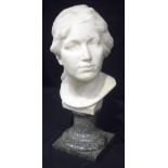 European School (C1910) Art nouveau white marble bust, signed, upon a grey marble plinth. 53 cm x 17