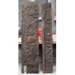 TWO AFRICAN TRIBAL YORUBA CARVED WOOD RELIEF PANELS . Largest 170 cm x 40 cm. (2)