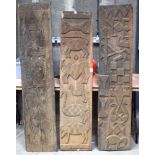 THREE AFRICAN TRIBAL YORUBA CARVED WOOD RELIEF PANELS . Largest 170 cm x 37 cm. (3)