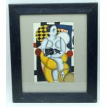Cubist School (20th Century) Watercolour, Figures and a cat. Image 23 cm x 14 cm.