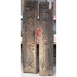 TWO AFRICAN TRIBAL YORUBA CARVED WOOD RELIEF PANELS . Largest 169 cm x 32 cm. (2)