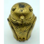 A RARE EARLY 20TH CENTURY INDIAN GILDED LACQUER TEA CADDY in the form of an owl. 9 cm x 4 cm.