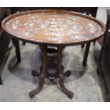 A 19TH CENTURY CHINESE CARVED HARDWOOD MOTHER OF PEARL INLAID TABLE decorated with butterflies, land
