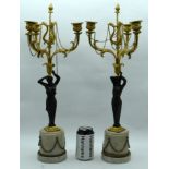 A RARE LARGE PAIR OF 19TH CENTURY FRENCH BRONZE AND ORMOLU CANDLESTICKS of neo classical form. 54 cm