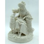 A 19TH CENTURY EUROPEAN BISQUE PORCELAIN FIGURE OF A FEMALE modelled feeding a lamb. 22 cm x 12 cm.