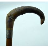 A 19TH CENTURY MIDDLE EASTERN CARVED RHINOCEROS HORN HANDLED WALKING CANE. 90 cm long.