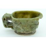 A RARE 19TH CENTURY CHINESE CARVED NEPHRITE JADE LIBATION CUP Qing, modelled in the Ming style, with