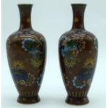 A LOVELY PAIR OF 19TH CENTURY JAPANESE MEIJI PERIOD CLOISONNE ENAMEL VASES in the manner of Yoshihis