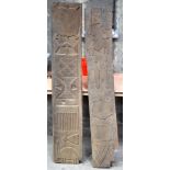 TWO AFRICAN TRIBAL YORUBA CARVED WOOD RELIEF PANELS . Largest 163 cm x 29 cm. (2)