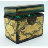 A MID 19TH CENTURY EUROPEAN GILDED GREEN GLASS CASKET Moser style, highlighted in gilt with foliage