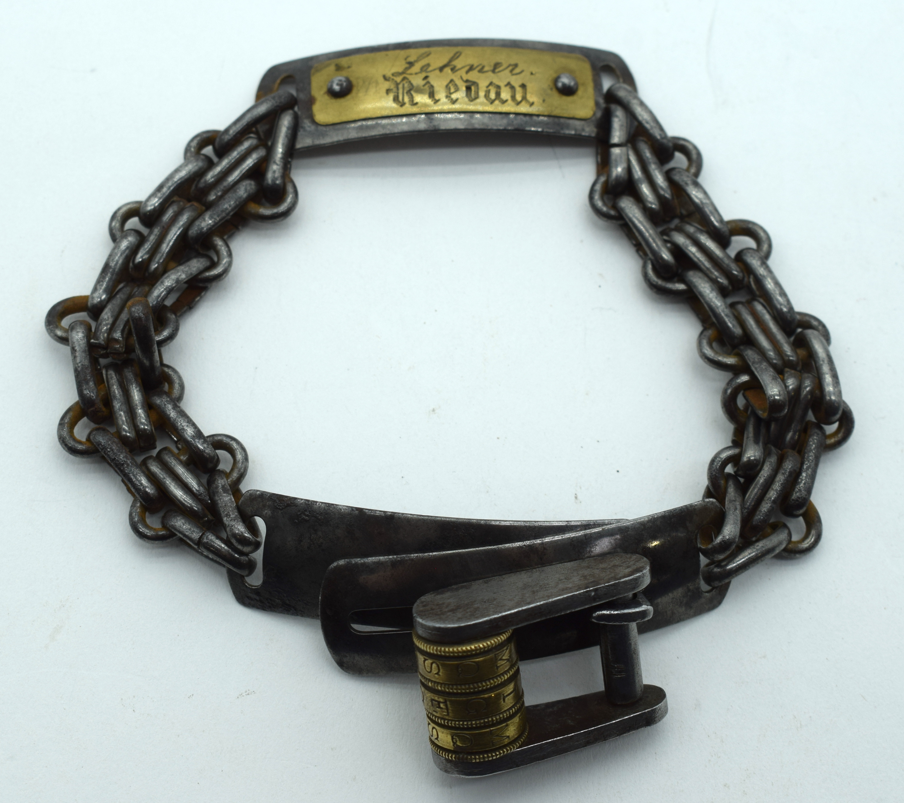 AN UNUSUAL EARLY 19TH CENTURY CONTINENTAL BRASS AND STEEL DOG COLLAR with applied brass plaque. 26 c