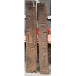 TWO AFRICAN TRIBAL YORUBA CARVED WOOD RELIEF PANELS. Largest 168 cm x 25 cm. (2)
