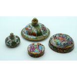 FOUR 19TH CENTURY CHINESE CANTON FAMILLE ROSE COVERS Qing. Largest 11 cm diameter. (4)