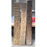 THREE AFRICAN TRIBAL YORUBA CARVED WOOD RELIEF PANELS . Largest 173 cm x 19 cm. (3)