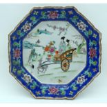 A 19TH CENTURY JAPANESE MEIJI PERIOD AO KUTANI PLATE painted with figures within landscapes. 25 cm w