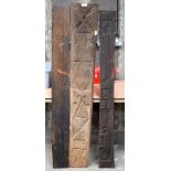 THREE AFRICAN TRIBAL YORUBA CARVED WOOD RELIEF PANELS . Largest 170 cm x 25 cm. (3)