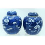 A NEAR PAIR OF 19TH CENTURY CHINESE BLUE AND WHITE PORCELAIN GINGER JARS AND COVERS bearing Kangxi m